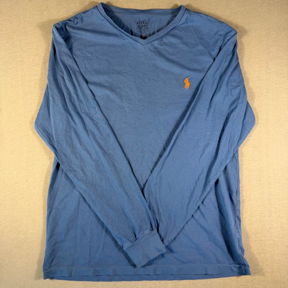 Polo Ralph Lauren Mens Blue V-Neck Long Sleeve T-Shirt Orange Pony Size S